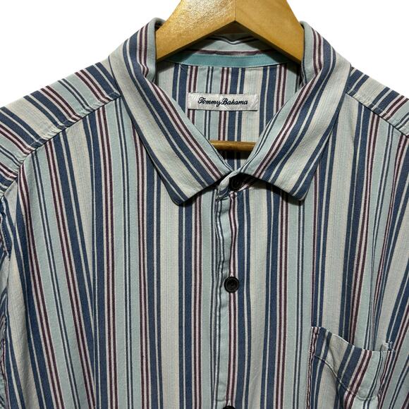 Tommy Bahama Mens XXL Silk Shirt Beige Blue Stripe Button Up Camp Retro - Picture 8 of 8